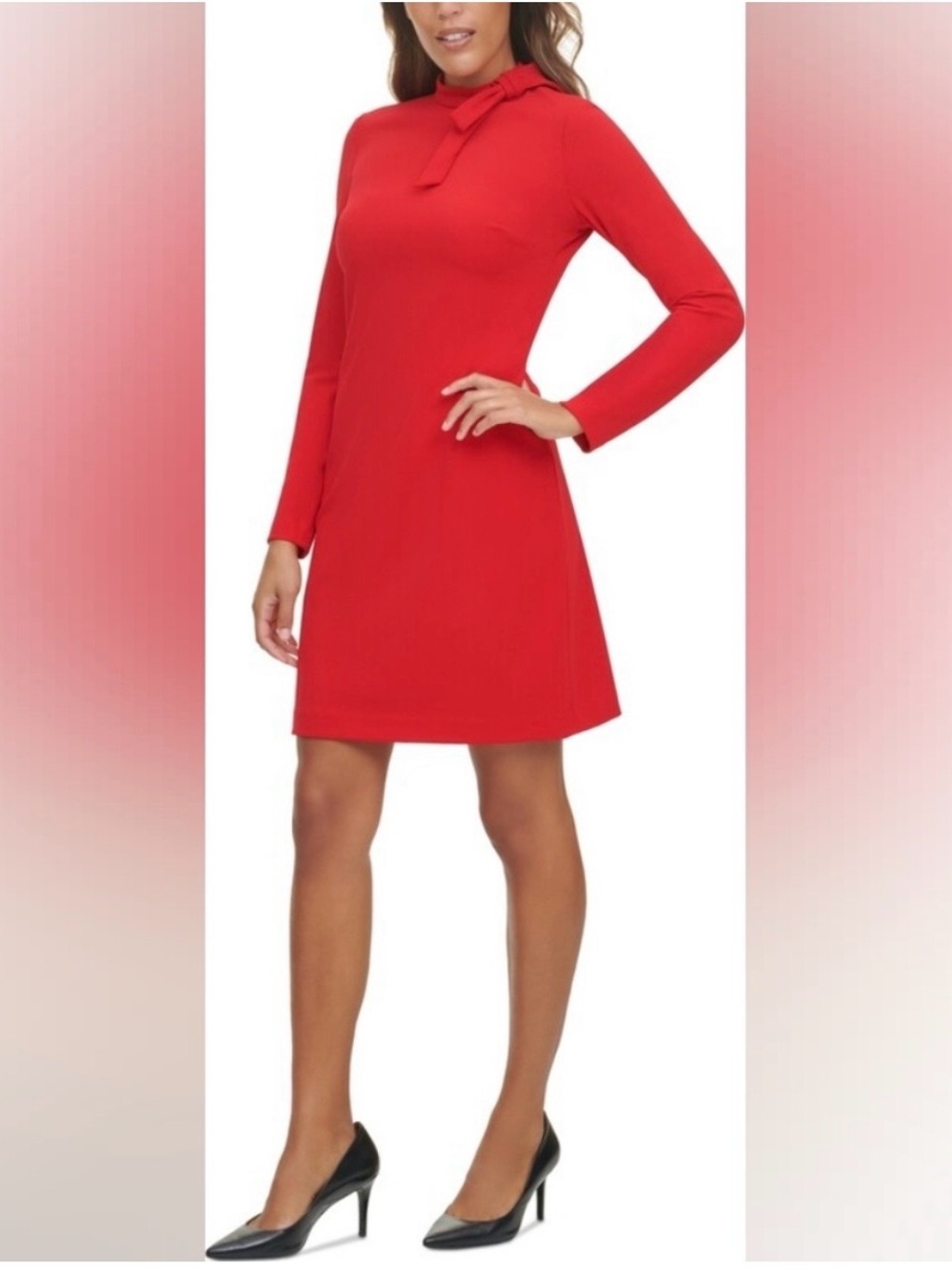 Calvin Klein Red Tie-Neck Long Sleeve Midi Dress
